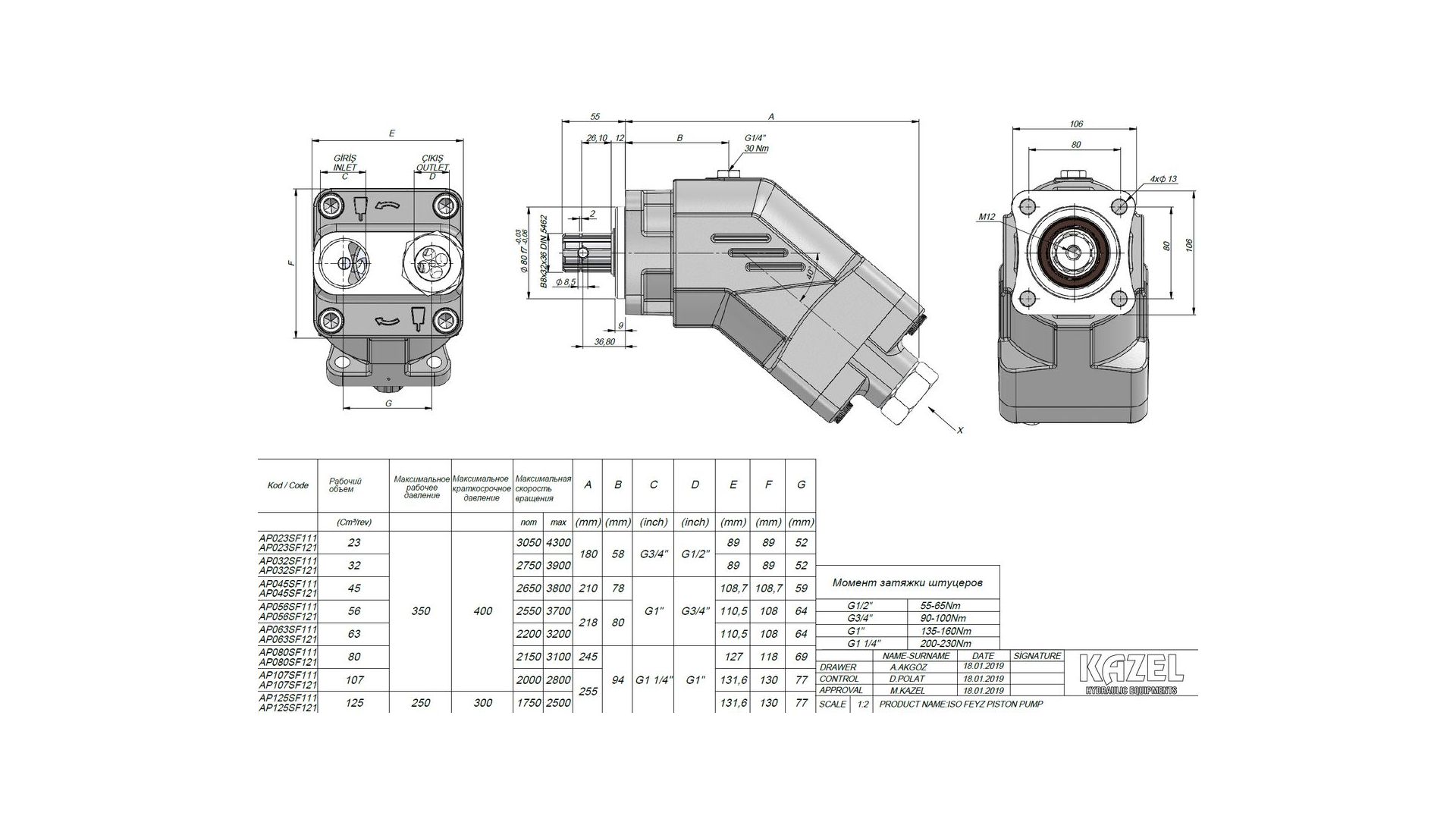 AP063SF121 Насос гидравлический ISO 63 правый с патрубком KAZEL HYDRAULIC