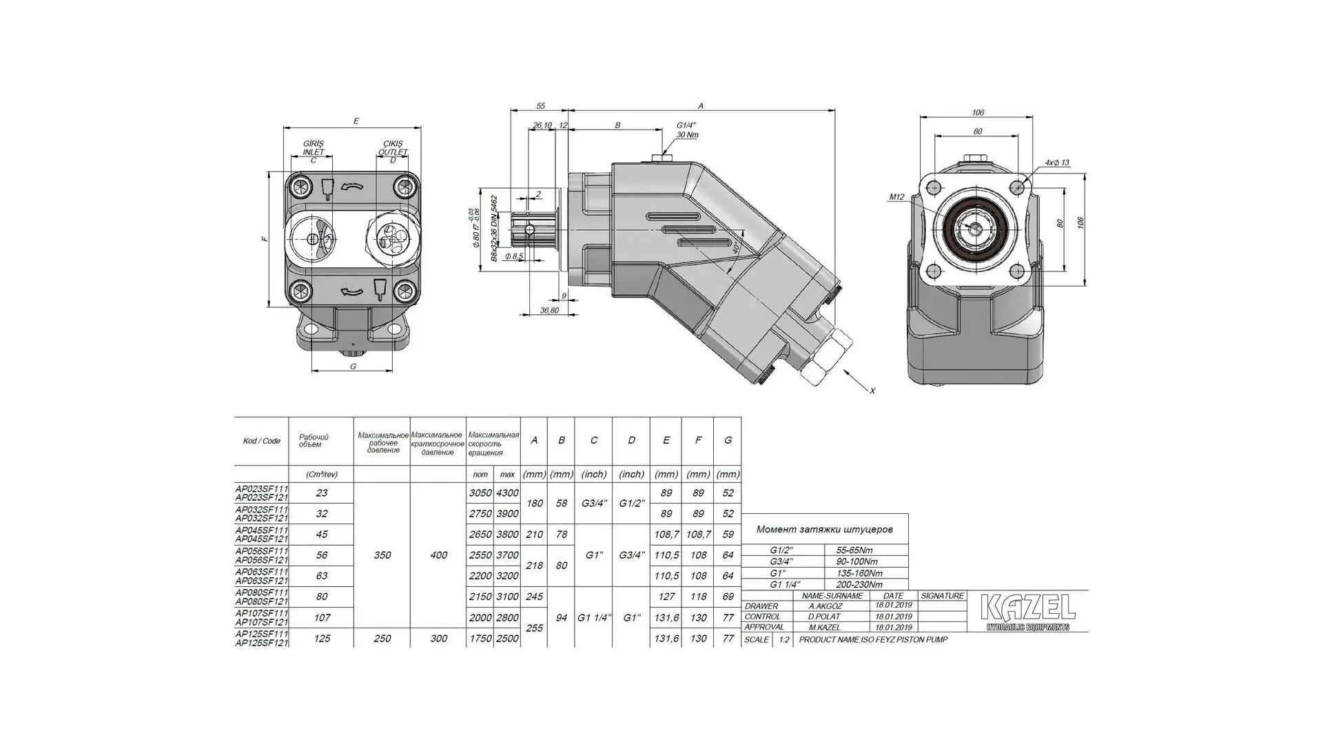 AP107SF121 Насос гидравлический ISO 107 правый с патрубком  KAZEL HYDRAULIC